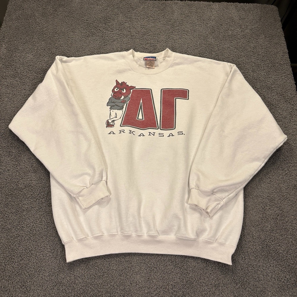 Vtg Arkansas Razorbacks Alpha Gamma Sweatshirt Adult Extra Large White Hogs NCAA - Picture 1 of 11